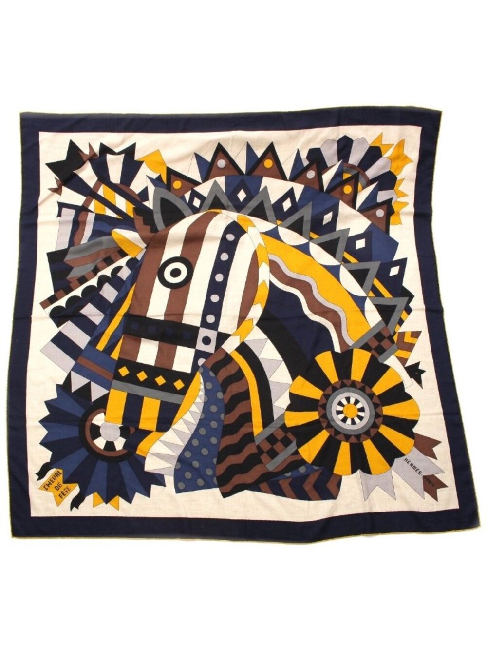 Hermes Carre Geant 140 Cheval de Fete Cashmere Silk Scarf Natural Marine Mustard
